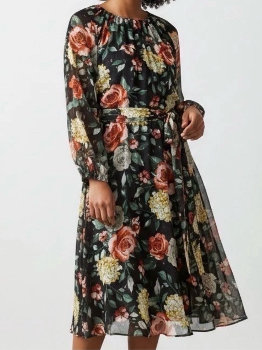 Tahari ASL Black Chiffon Red Green Gold Floral Long Sleeve Midi Dress Size 4P